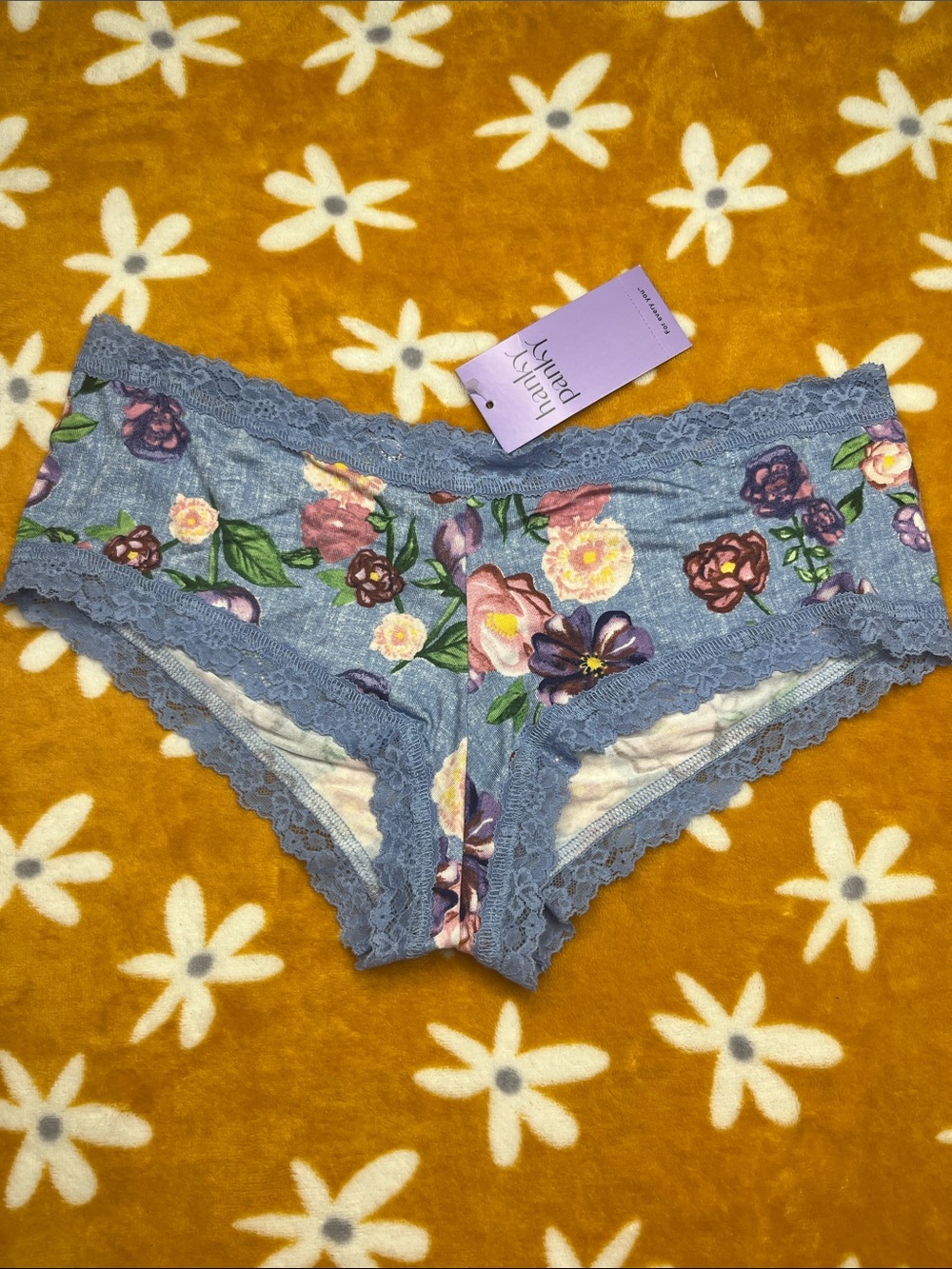 NWT $29 Hanky Panky Blue Floral Printed Dreamease Lace-Trim Boyshort Panty